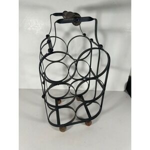 Vintage Wrought Iron 6 Bottle Wine Rack Carrier Wood Handle Rustic Farmhouse